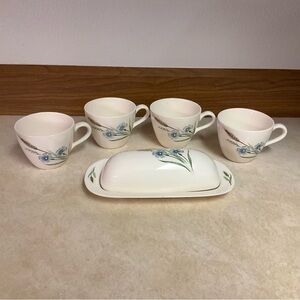 Vintage Prairie Flower Butter Dish and 4 Coffee Cups